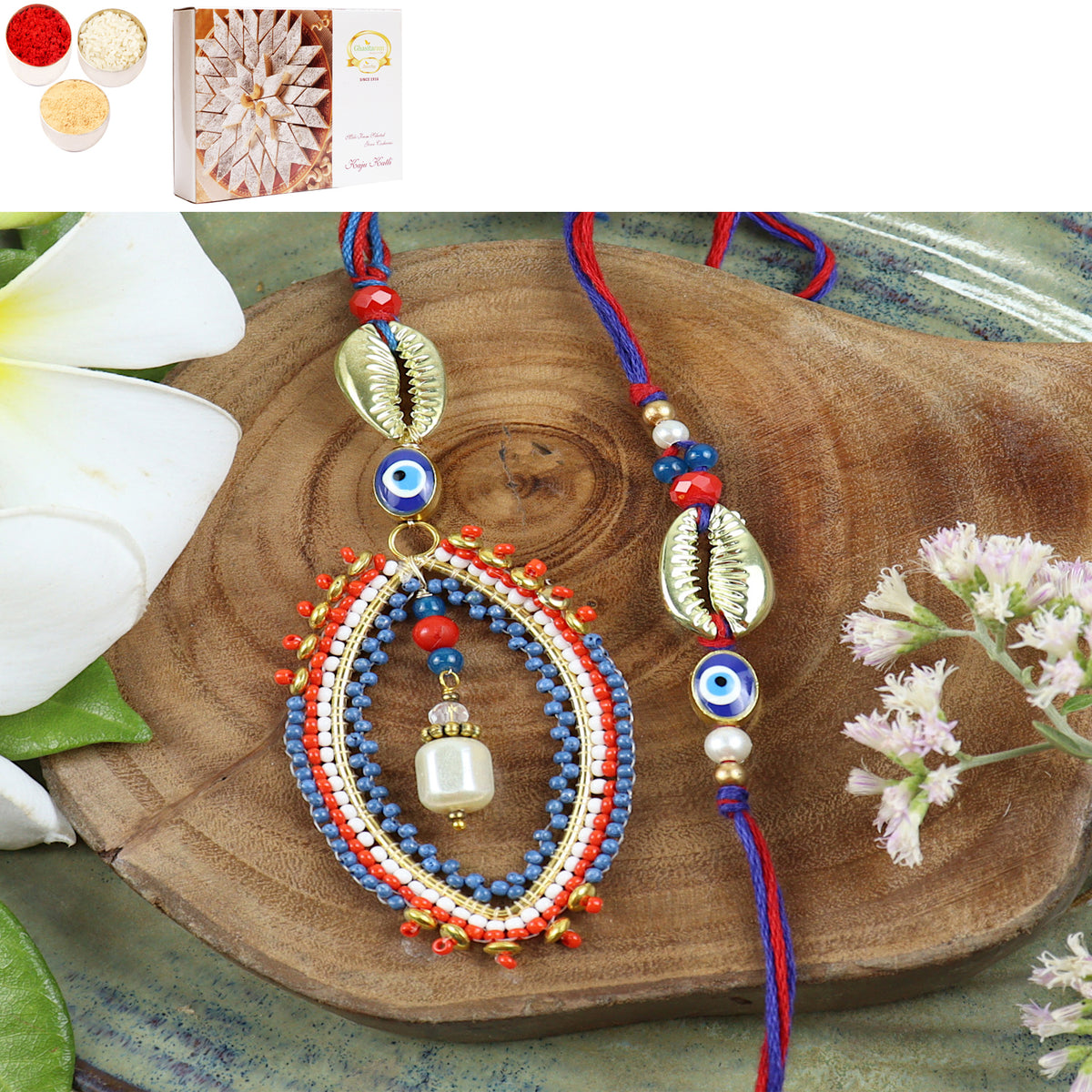 Rakhis Online Australia-LS24-026- Handbeaded Evil eye Bhaiya Bhabhi Rakhi with 200 gms of Kaju katli