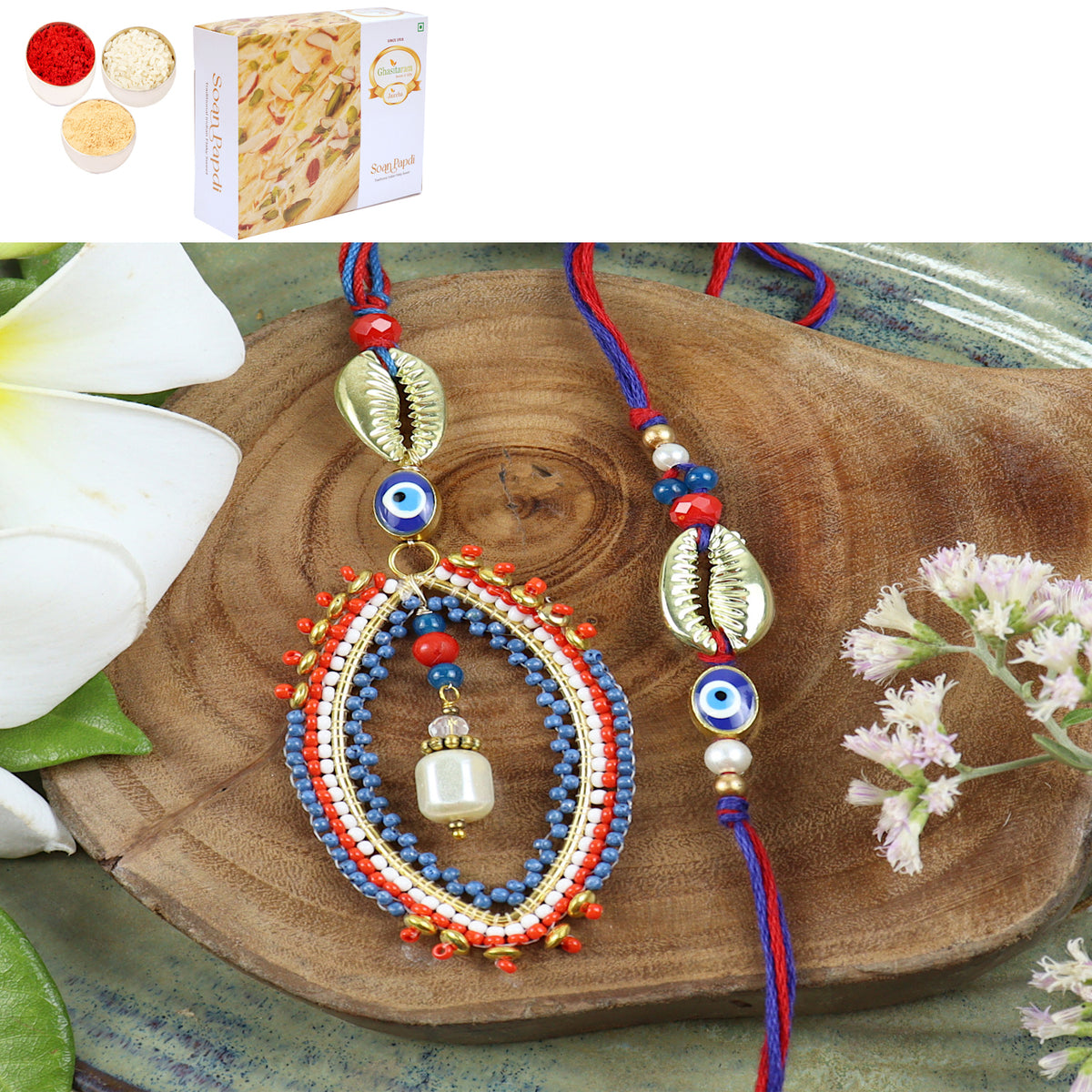 LS24-026- Handbeaded Evil eye Bhaiya Bhabhi Rakhi with 400 gms of Soan Papdi