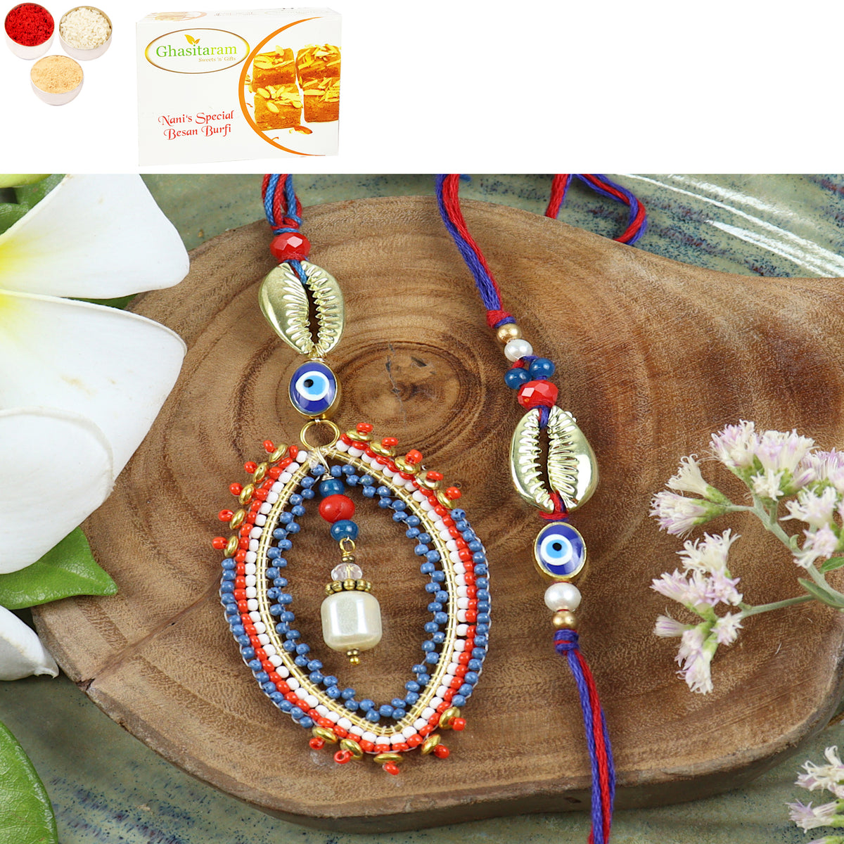 Rakhis Online UK- LS24-026- Handbeaded Evil eye Bhaiya Bhabhi Rakhi with 200 gms of Besan Barfi