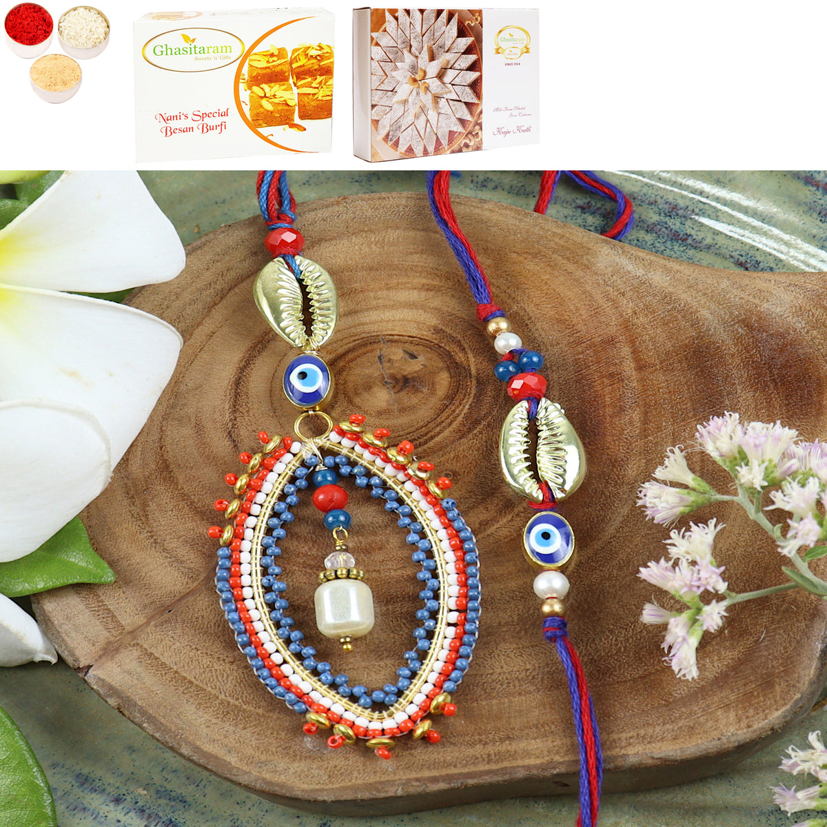 LS24-026- Handbeaded Evil eye Bhaiya Bhabhi Rakhi with 200 gms of Besan Barfi and 200 gms of Kaju Katli