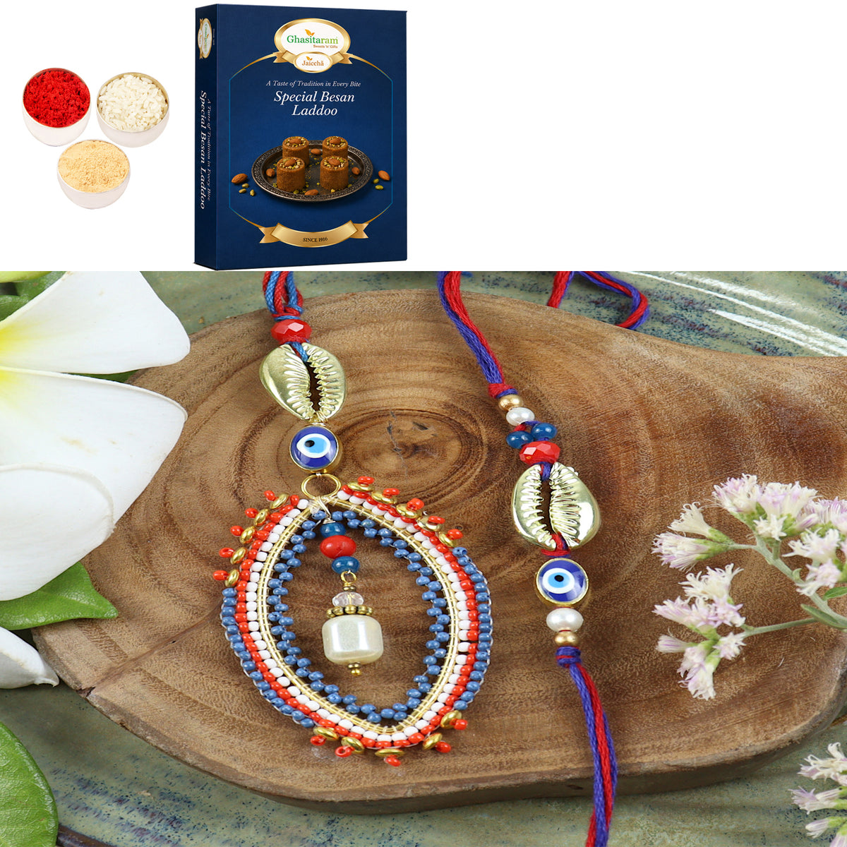 LS24-026- Handbeaded Evil eye Bhaiya Bhabhi Rakhi with 200 gms of Besan Laddoo