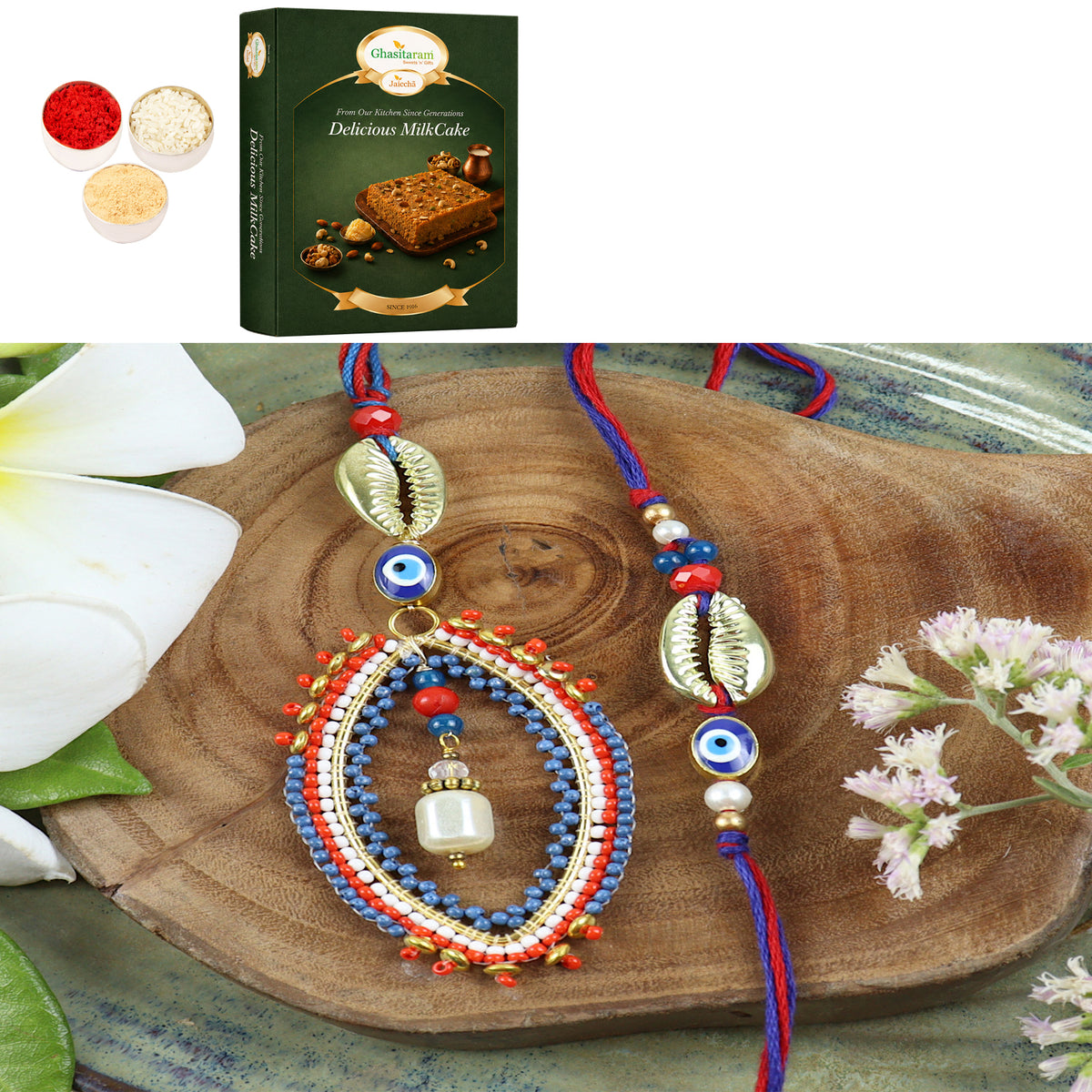 LS24-026- Handbeaded Evil eye Bhaiya Bhabhi Rakhi with 200 gms of Milk Cake