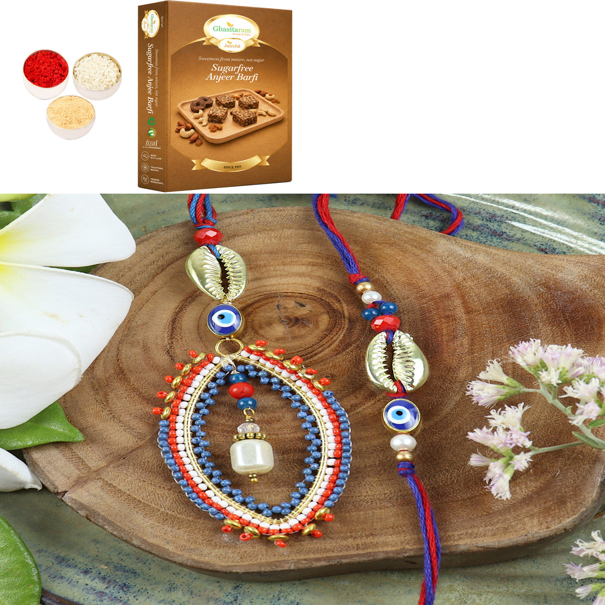 LS24-026- Handbeaded Evil eye Bhaiya Bhabhi Rakhi with 200 gms of Sugarfree Anjeer Barfi