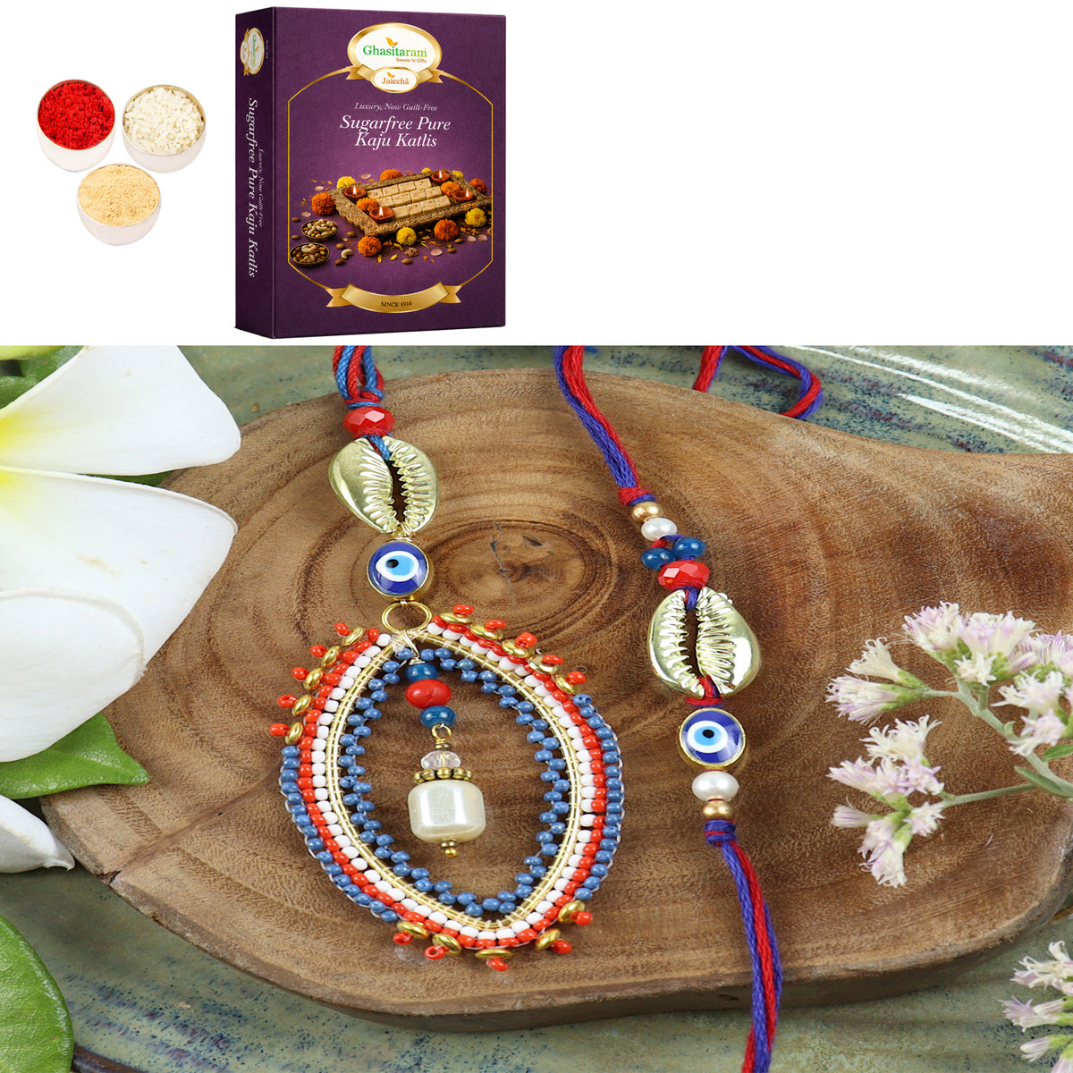 LS24-026- Handbeaded Evil eye Bhaiya Bhabhi Rakhi with 200 gms of Sugarfree Kaju katli