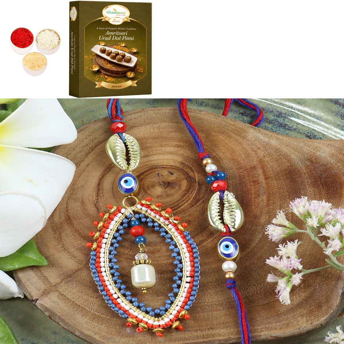 LS24-026- Handbeaded Evil eye Bhaiya Bhabhi Rakhi with 200 gms of Pinni 