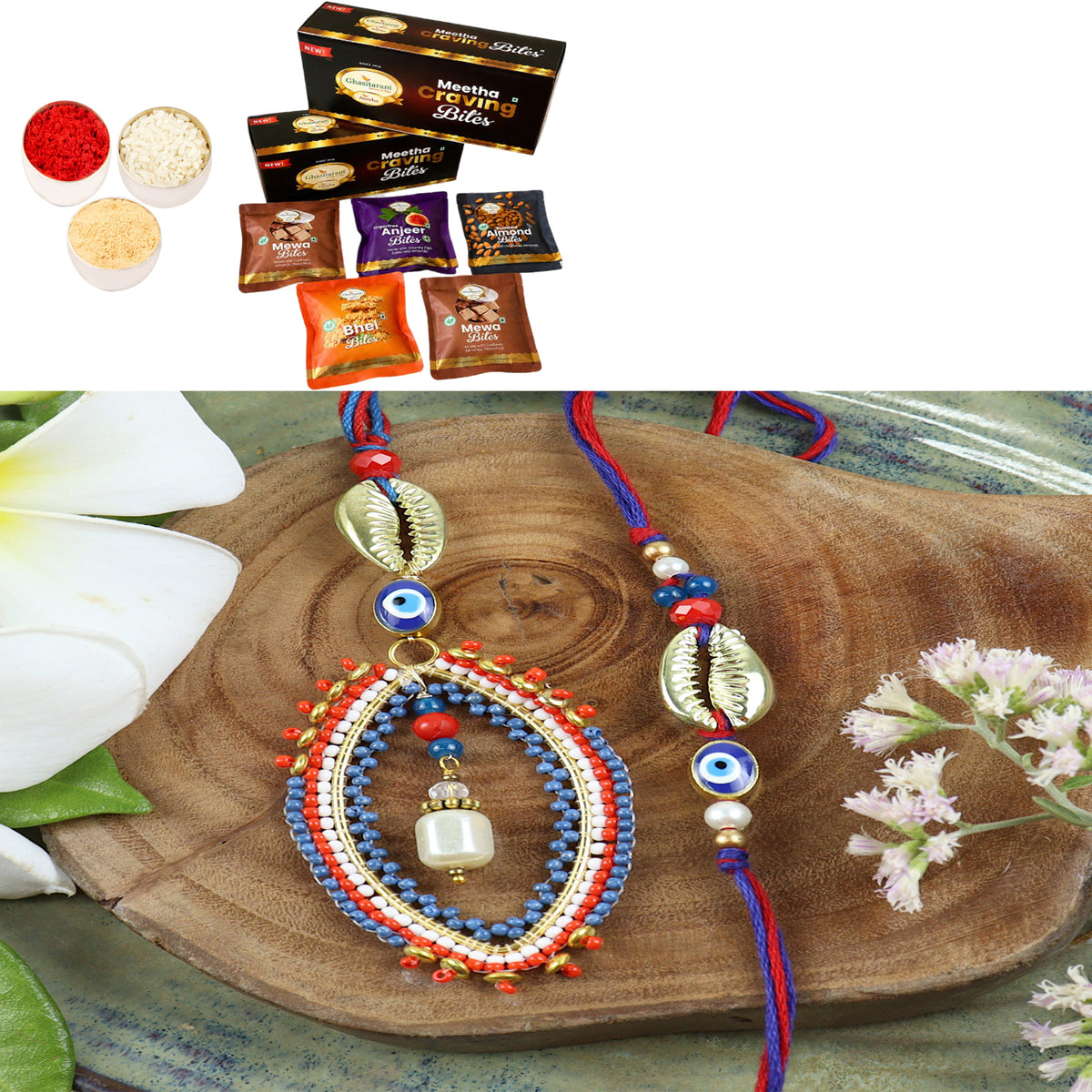 LS24-026- Handbeaded Evil eye Bhaiya Bhabhi Rakhi with Asorted bites box