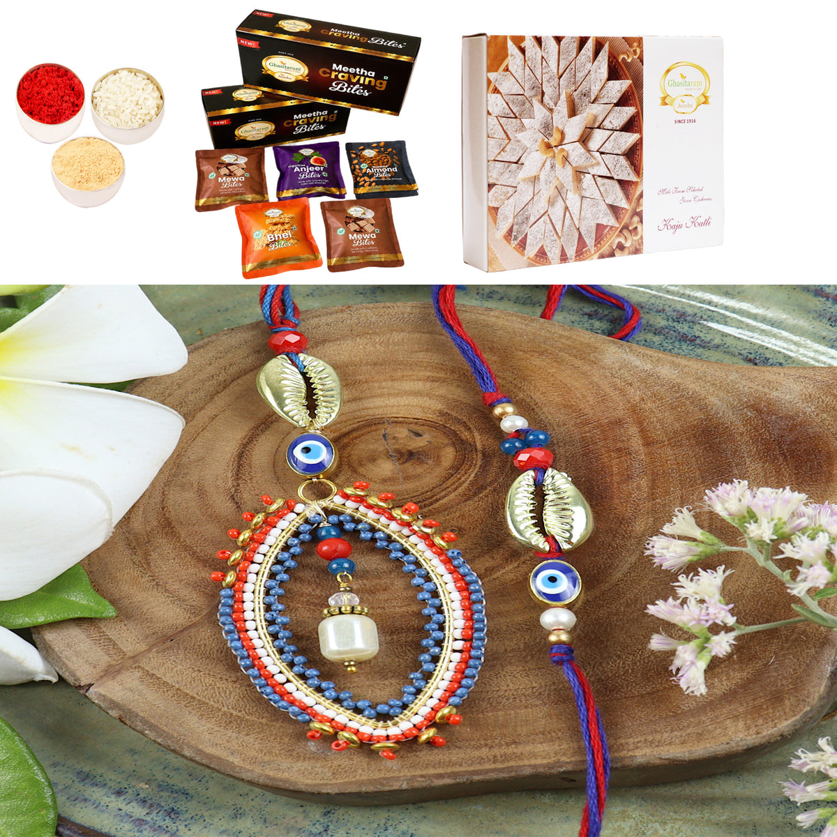 LS24-026- Handbeaded Evil eye Bhaiya Bhabhi Rakhi with Asorted bites box and 200 gms of Kaju katli