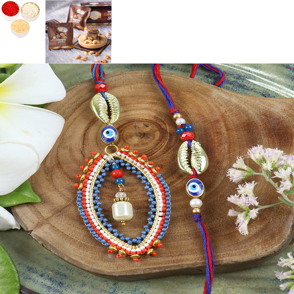 LS24-026- Handbeaded Evil eye Bhaiya Bhabhi Rakhi with Mewa Bite Box