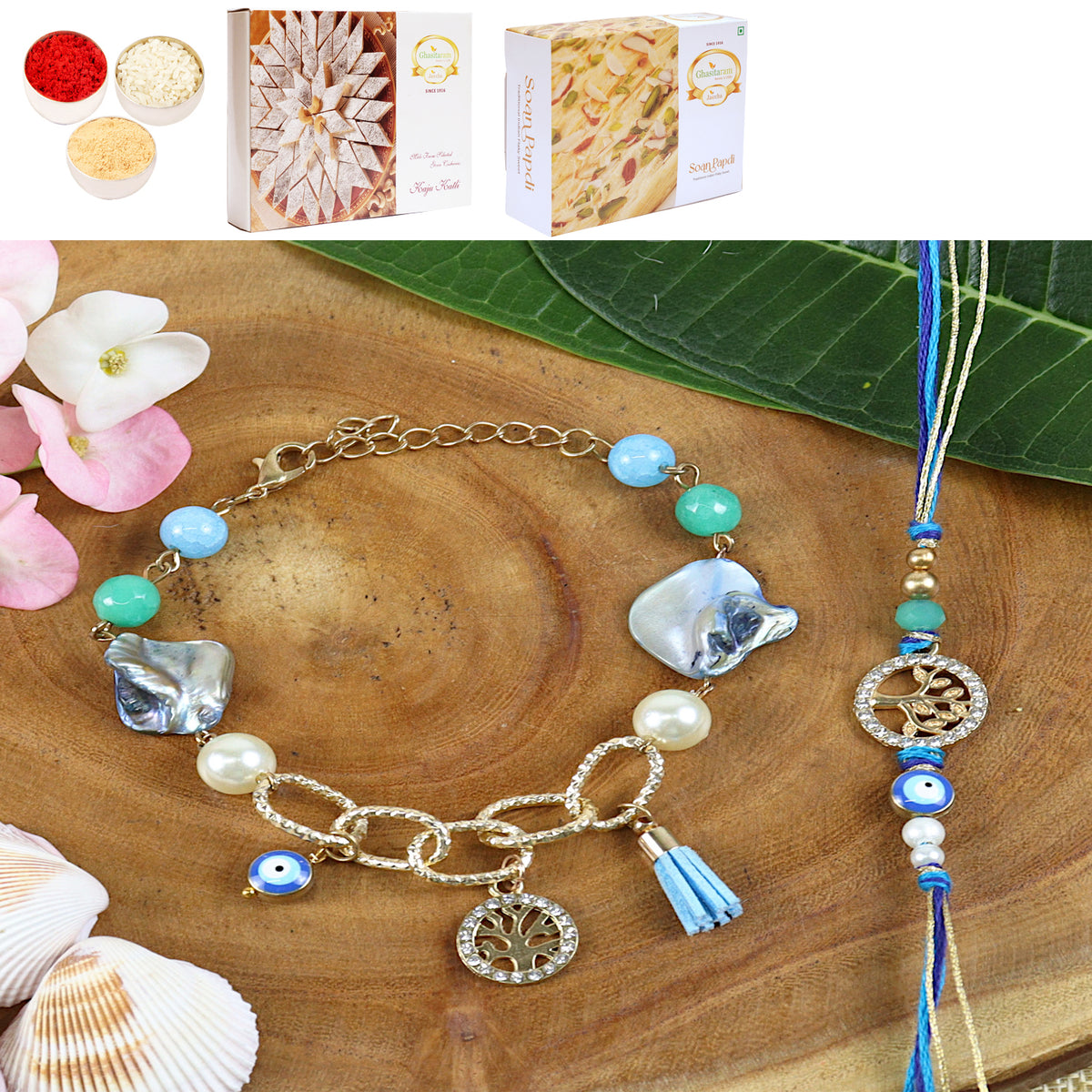 BRS24-027- Evil eye Tree of Life Bhaiya Bhabhi Rakhi with 200 gms of Kaju katli and 200 gms of Soan Papdi