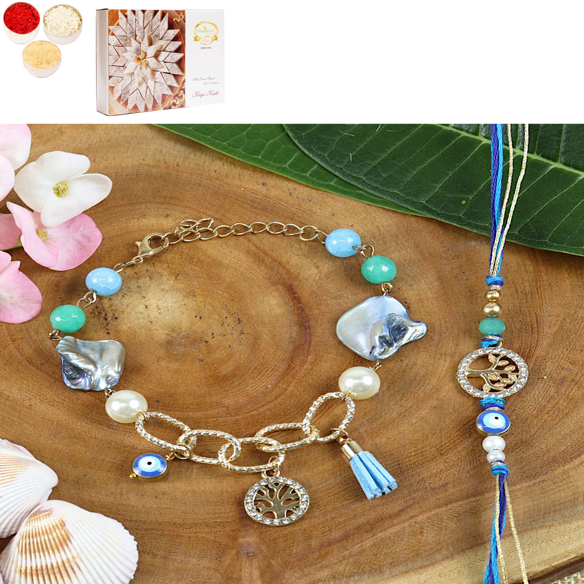 Rakhis Online USA-BRS24-027- Evil eye Tree of Life Bhaiya Bhabhi Rakhi with 200 gms of Kaju katli