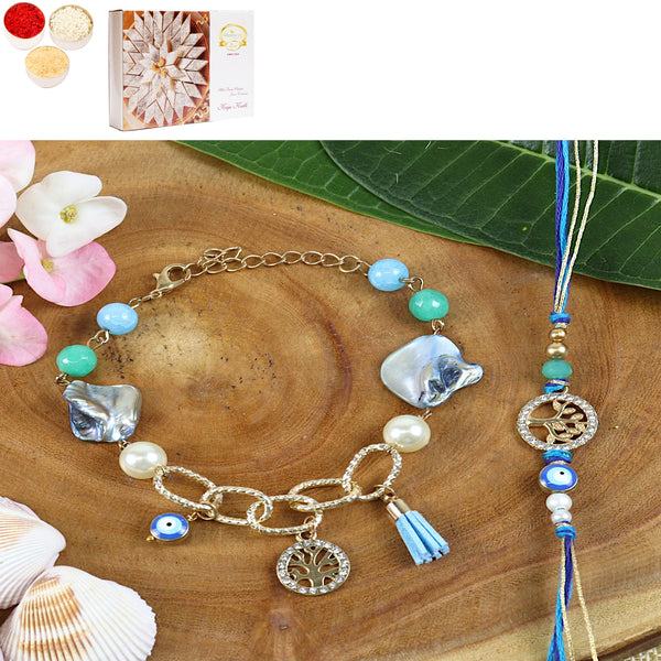 Rakhis Online USA-BRS24-027- Evil eye Tree of Life Bhaiya Bhabhi Rakhi with 200 gms of Kaju katli