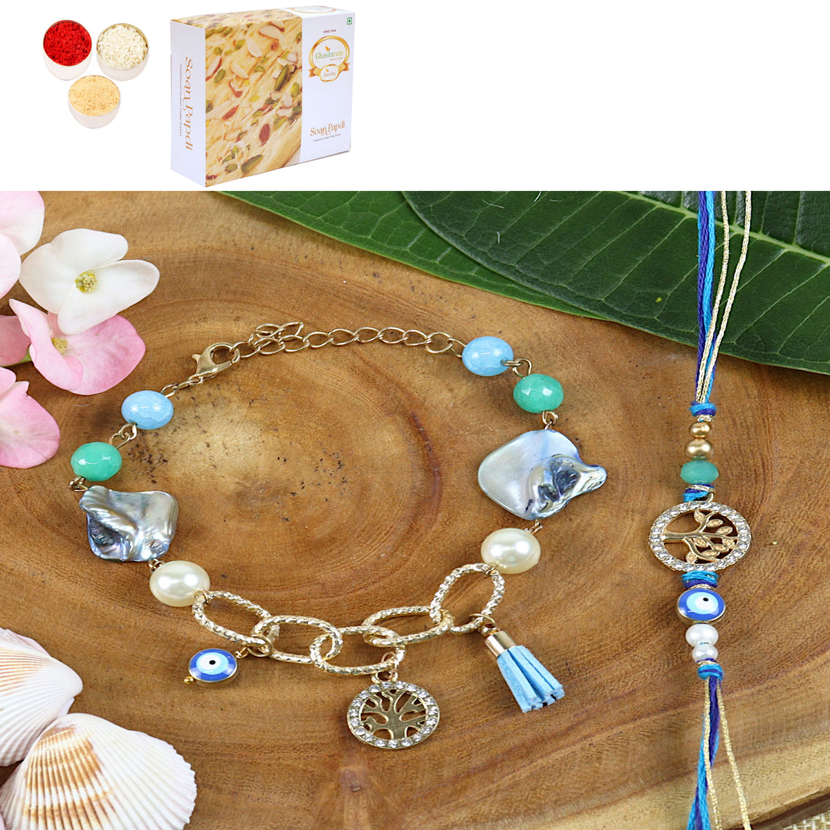Rakhis Online UK- BRS24-027- Evil eye Tree of Life Bhaiya Bhabhi Rakhi with 200 gms of Soan Papdi