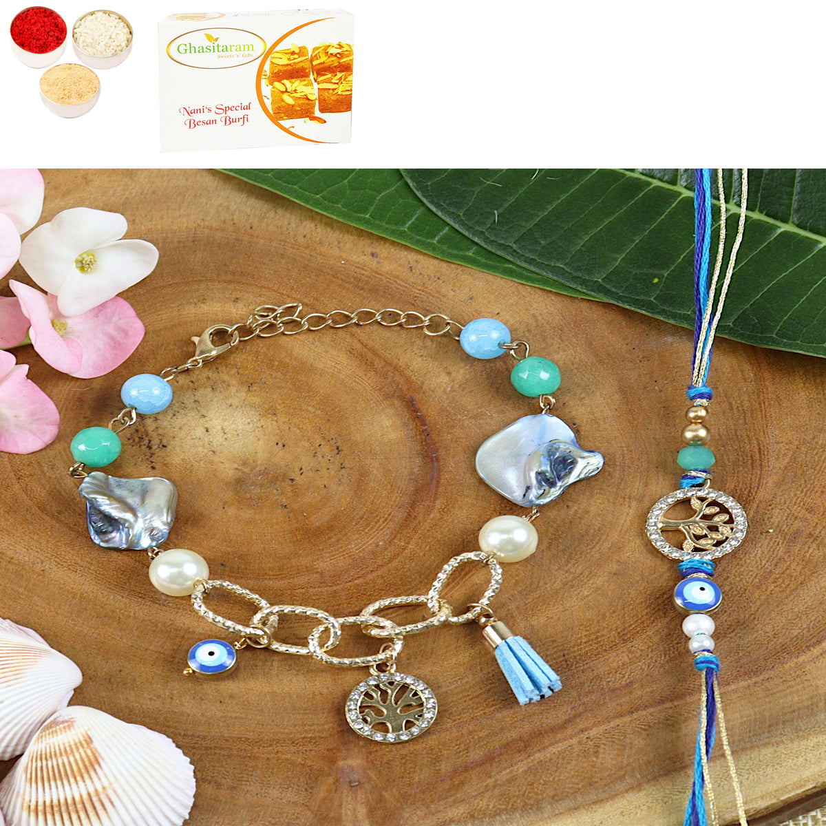 Rakhis Online USA-BRS24-027- Evil eye Tree of Life Bhaiya Bhabhi Rakhi with 200 gms of Besan Barfi