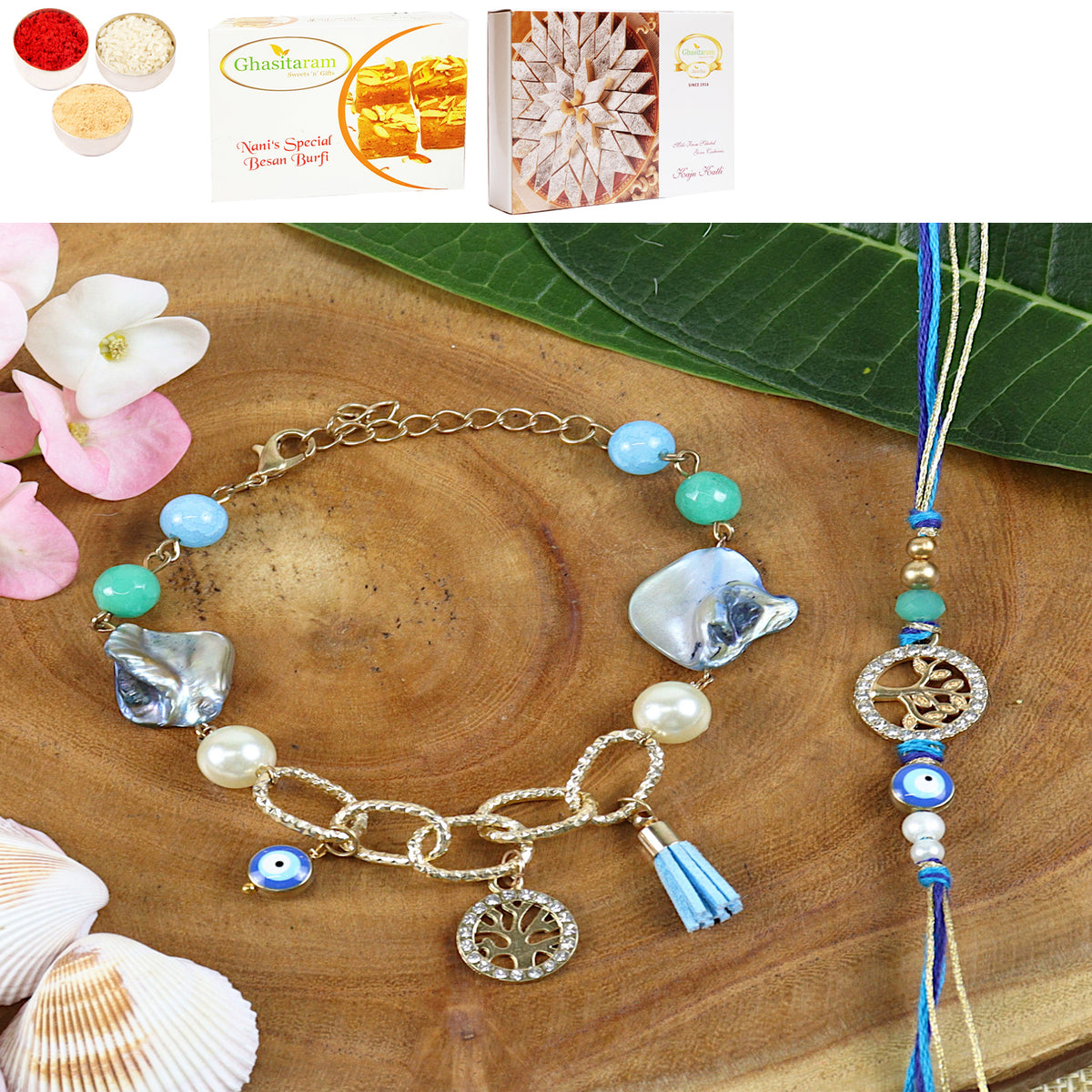 BRS24-027- Evil eye Tree of Life Bhaiya Bhabhi Rakhi with 200 gms of Besan Barfi and 200 gms of Kaju Katli