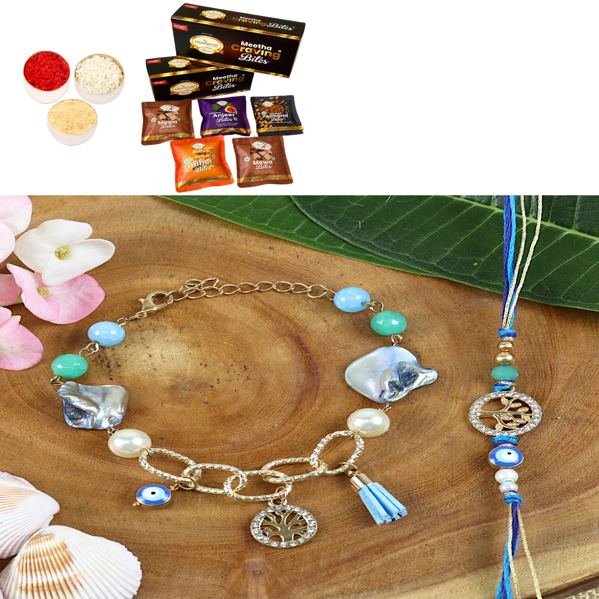 BRS24-027- Evil eye Tree of Life Bhaiya Bhabhi Rakhi with Asorted bites box