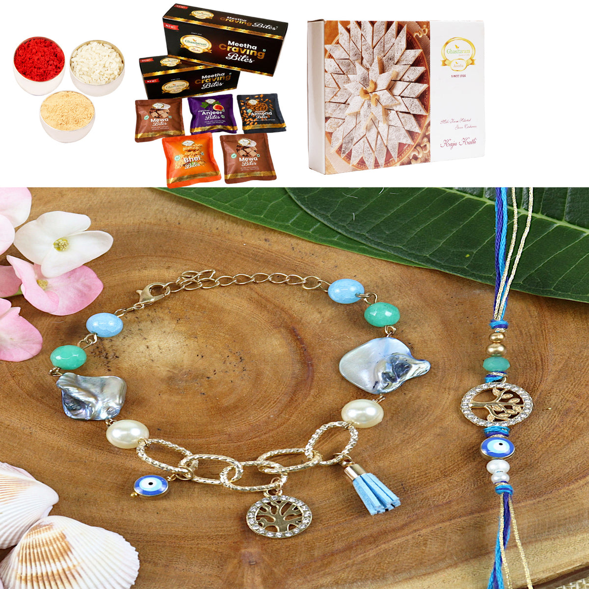 BRS24-027- Evil eye Tree of Life Bhaiya Bhabhi Rakhi with Asorted bites box and 200 gms of Kaju katli