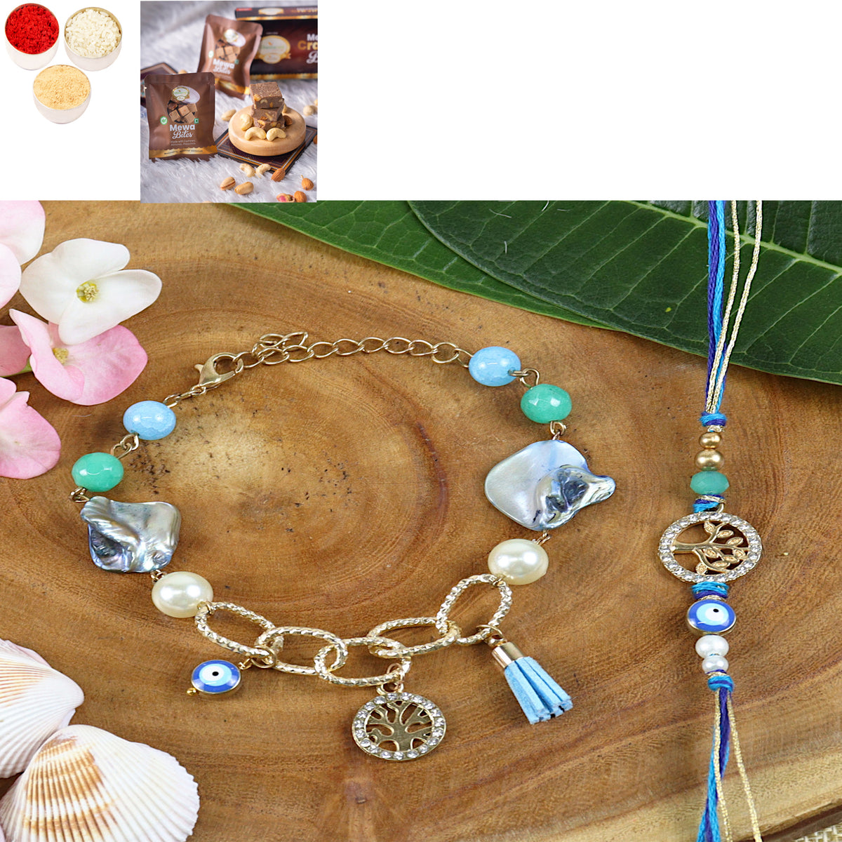 Rakhis Online Australia-BRS24-027- Evil eye Tree of Life Bhaiya Bhabhi Rakhi with Mewa Bite Box
