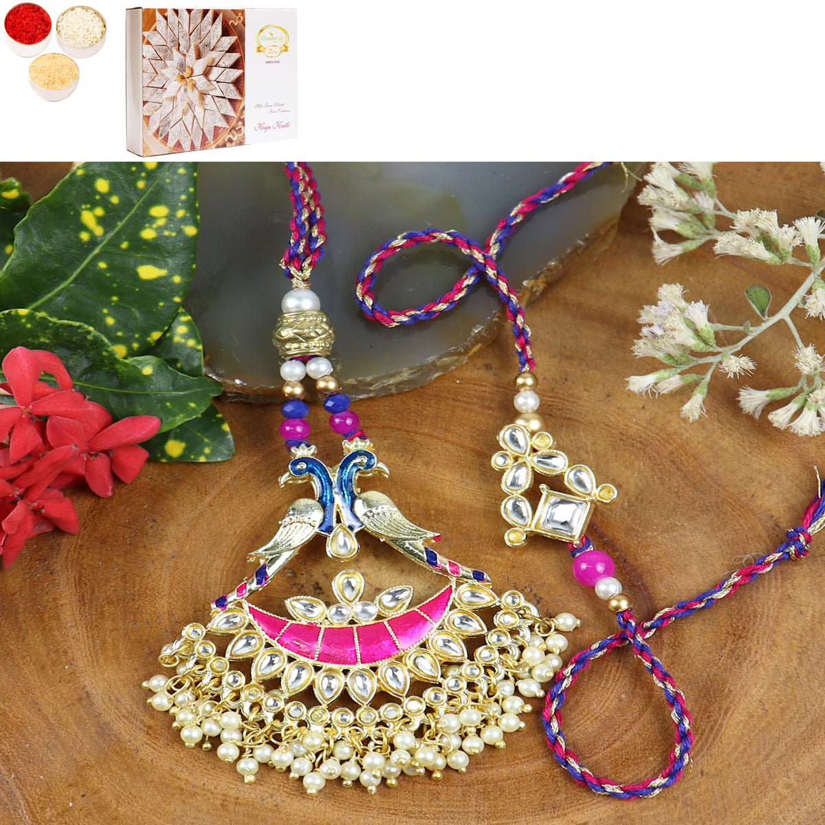 LS24-045-Kundan Meenakari Bhaiya Bhabhi Rakhi with 400 gms of Kaju katli