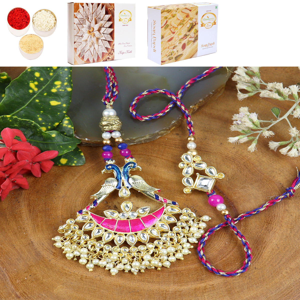 LS24-045-Kundan Meenakari Bhaiya Bhabhi Rakhi with 200 gms of Kaju katli and 200 gms of Soan Papdi