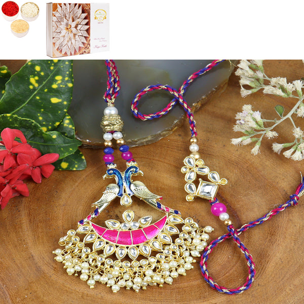 Rakhis Online UK- LS24-045-Kundan Meenakari Bhaiya Bhabhi Rakhi with 200 gms of Kaju katli