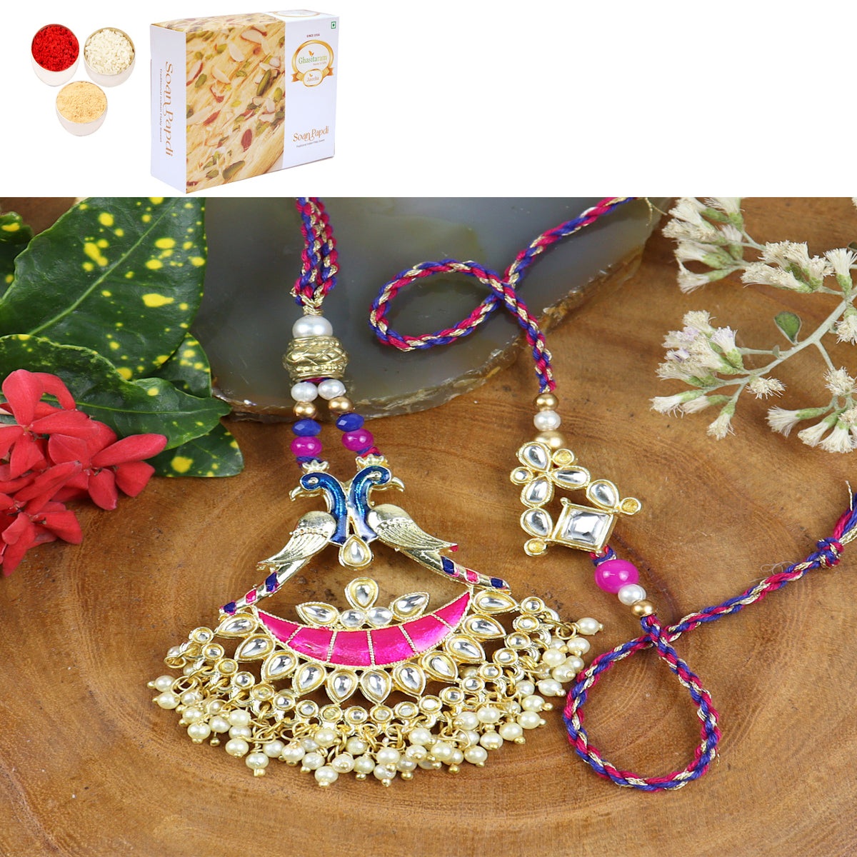 Rakhis Online UK- LS24-045-Kundan Meenakari Bhaiya Bhabhi Rakhi with 200 gms of Soan Papdi