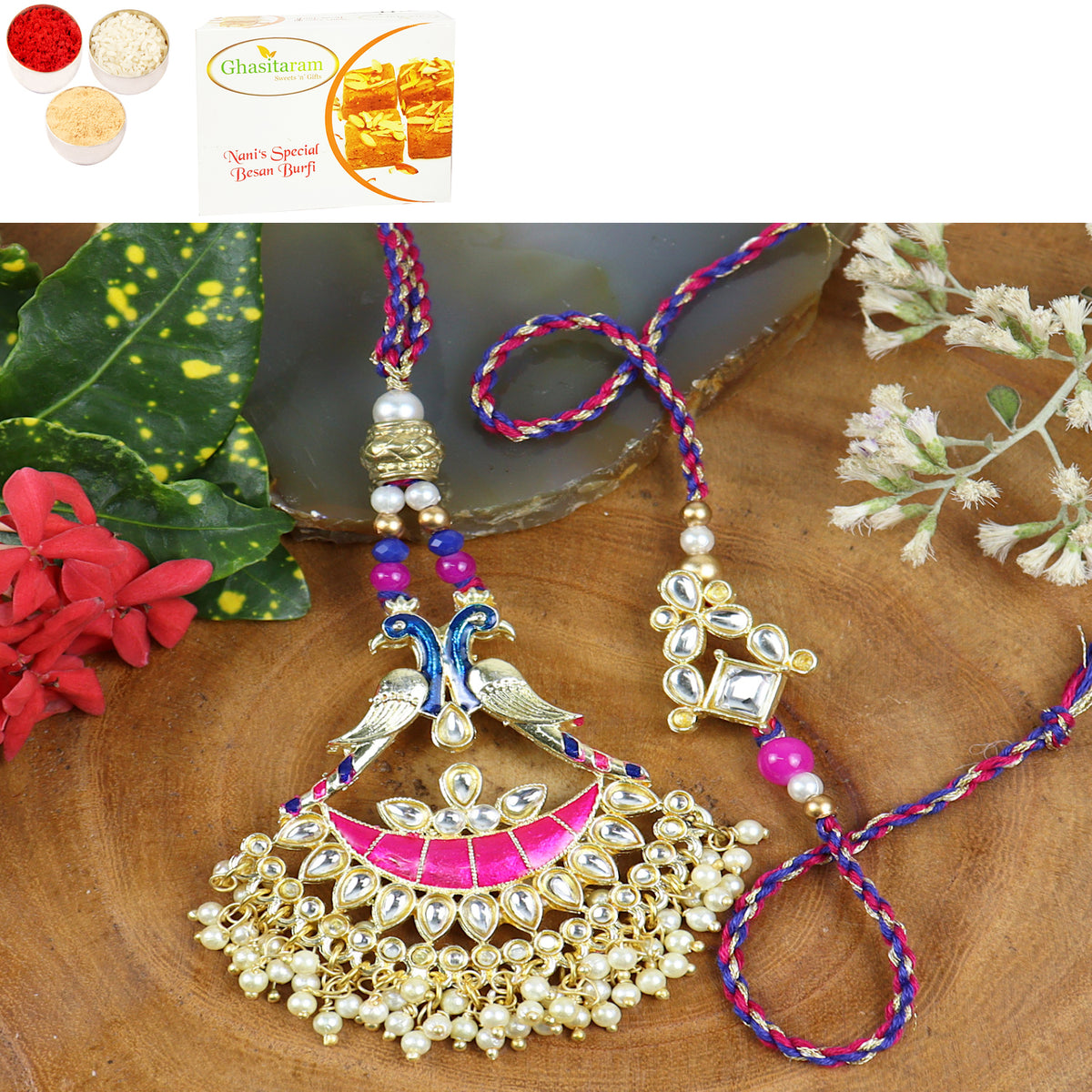 Rakhis Online Australia-LS24-045-Kundan Meenakari Bhaiya Bhabhi Rakhi with 200 gms of Besan Barfi