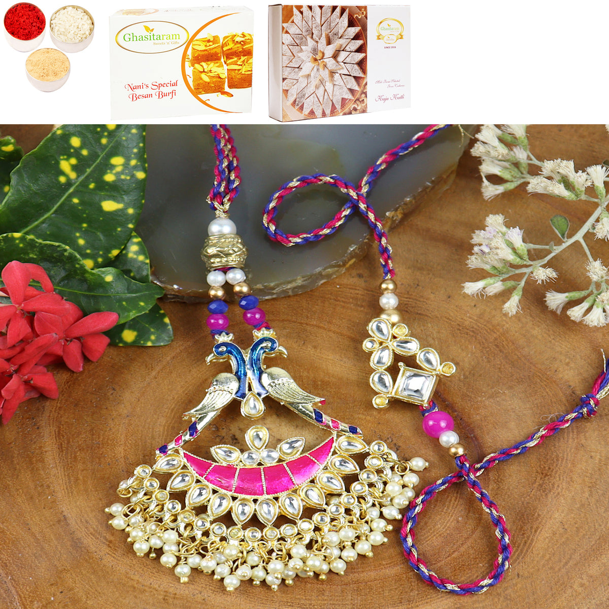 LS24-045-Kundan Meenakari Bhaiya Bhabhi Rakhi with 200 gms of Besan Barfi and 200 gms of Kaju Katli
