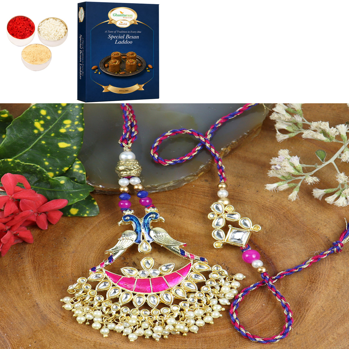LS24-045-Kundan Meenakari Bhaiya Bhabhi Rakhi with 200 gms of Besan Laddoo