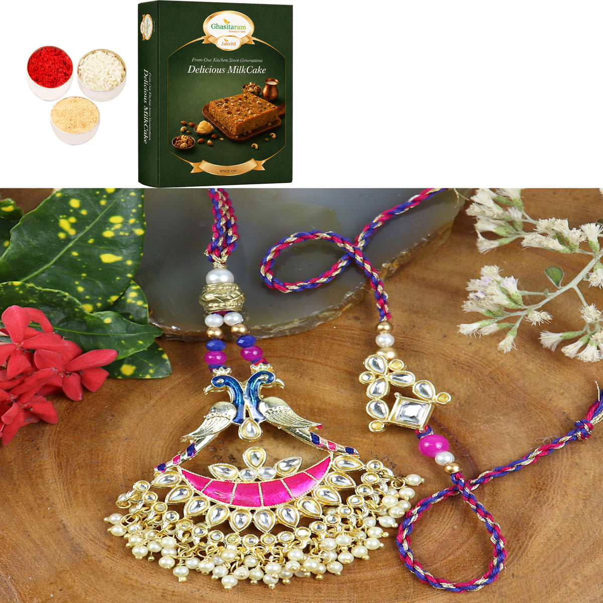 LS24-045-Kundan Meenakari Bhaiya Bhabhi Rakhi with 200 gms of Milk Cake