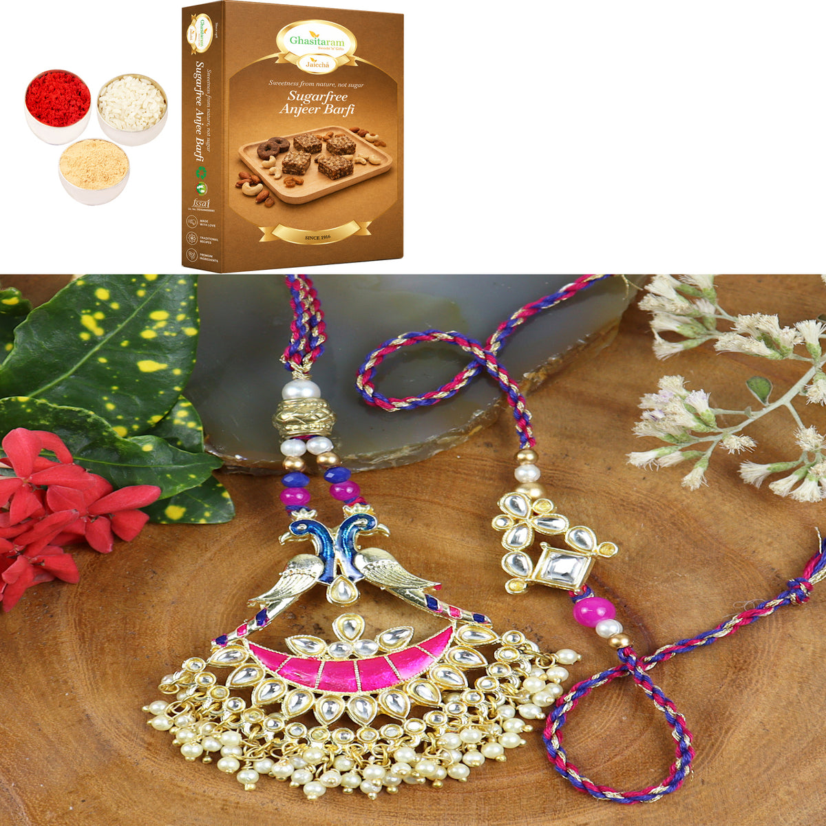 LS24-045-Kundan Meenakari Bhaiya Bhabhi Rakhi with 200 gms of Sugarfree Anjeer Barfi