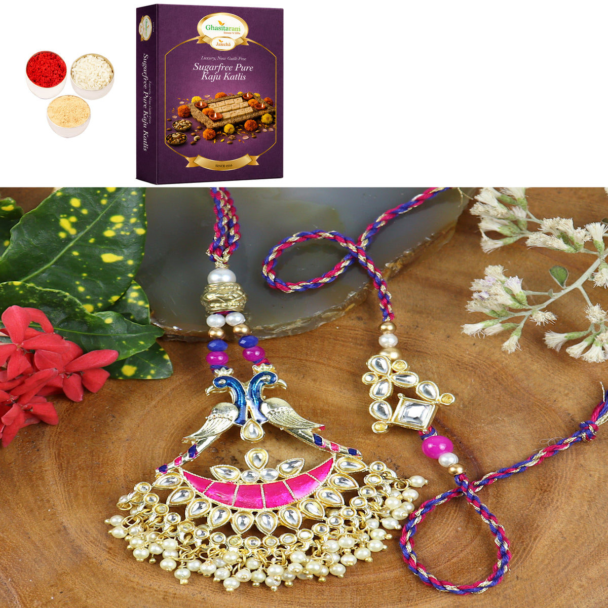 LS24-045-Kundan Meenakari Bhaiya Bhabhi Rakhi with 200 gms of Sugarfree Kaju katli