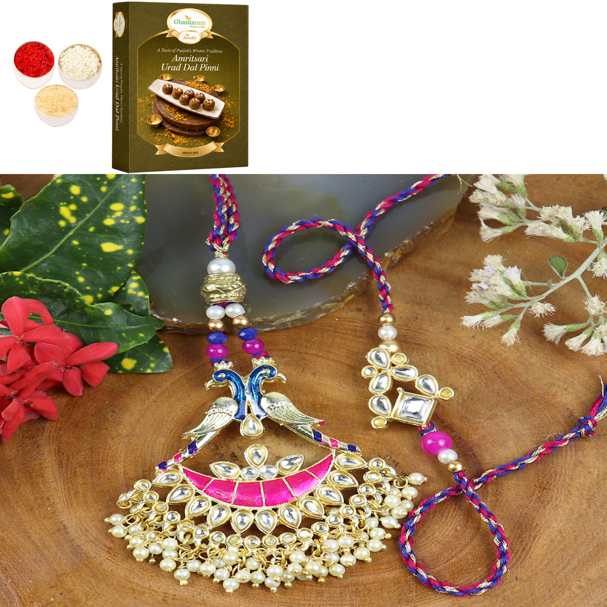 LS24-045-Kundan Meenakari Bhaiya Bhabhi Rakhi with 200 gms of Pinni 