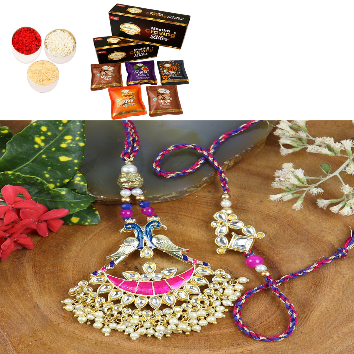 LS24-045-Kundan Meenakari Bhaiya Bhabhi Rakhi with Asorted bites box