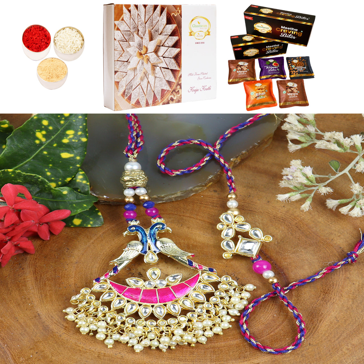 LS24-045-Kundan Meenakari Bhaiya Bhabhi Rakhi with Asorted bites box and 200 gms of Kaju katli