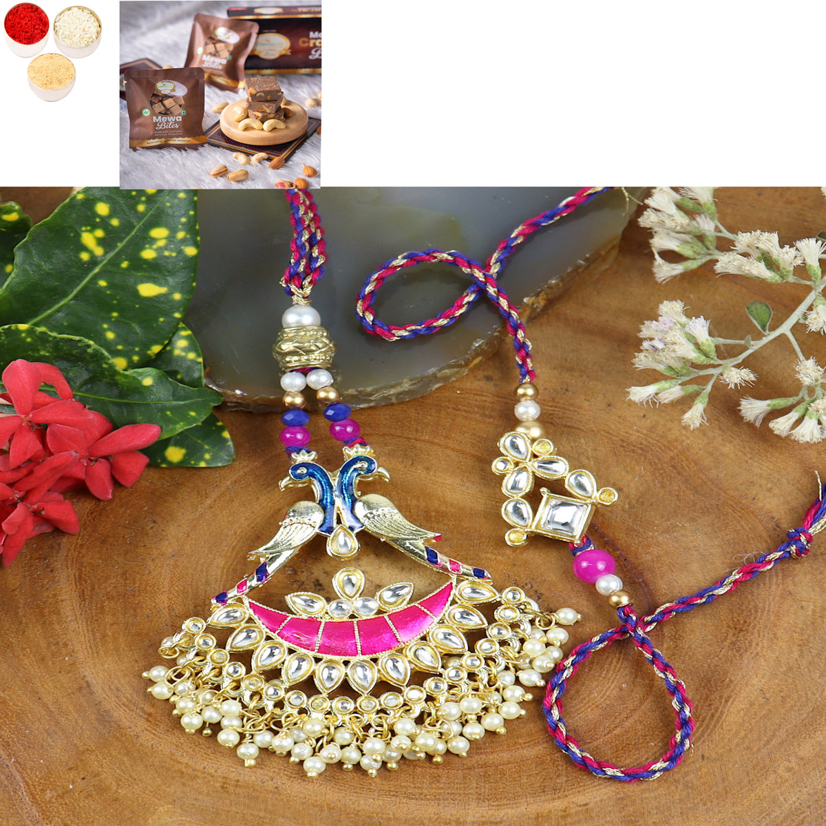 Rakhis Online USA-LS24-045-Kundan Meenakari Bhaiya Bhabhi Rakhi with Mewa Bite Box