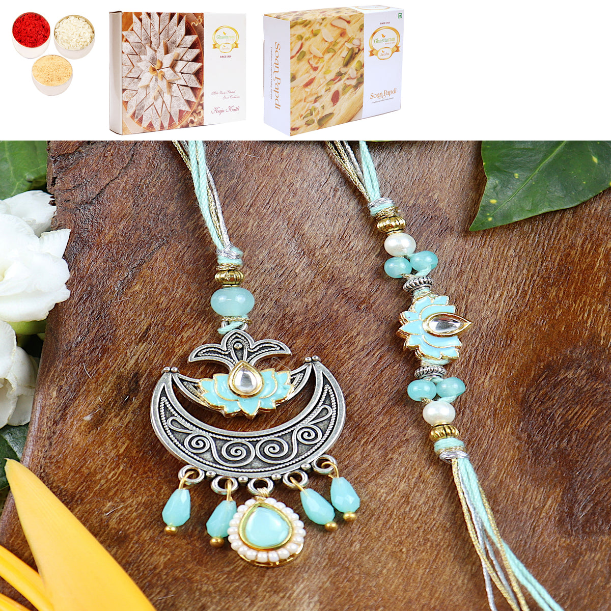 LS24-049- Metal and Kundan Bhaiya Bhabhi Rakhi with 200 gms of Kaju katli and 200 gms of Soan Papdi