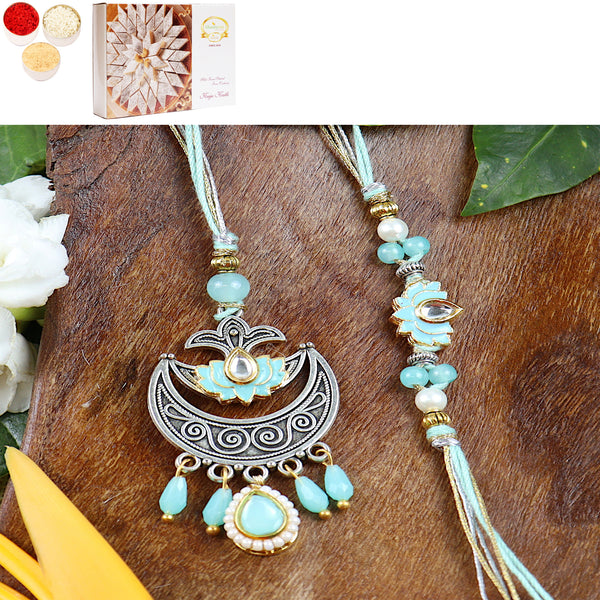 Rakhis Online Australia-LS24-049- Metal and Kundan Bhaiya Bhabhi Rakhi with 200 gms of Kaju katli