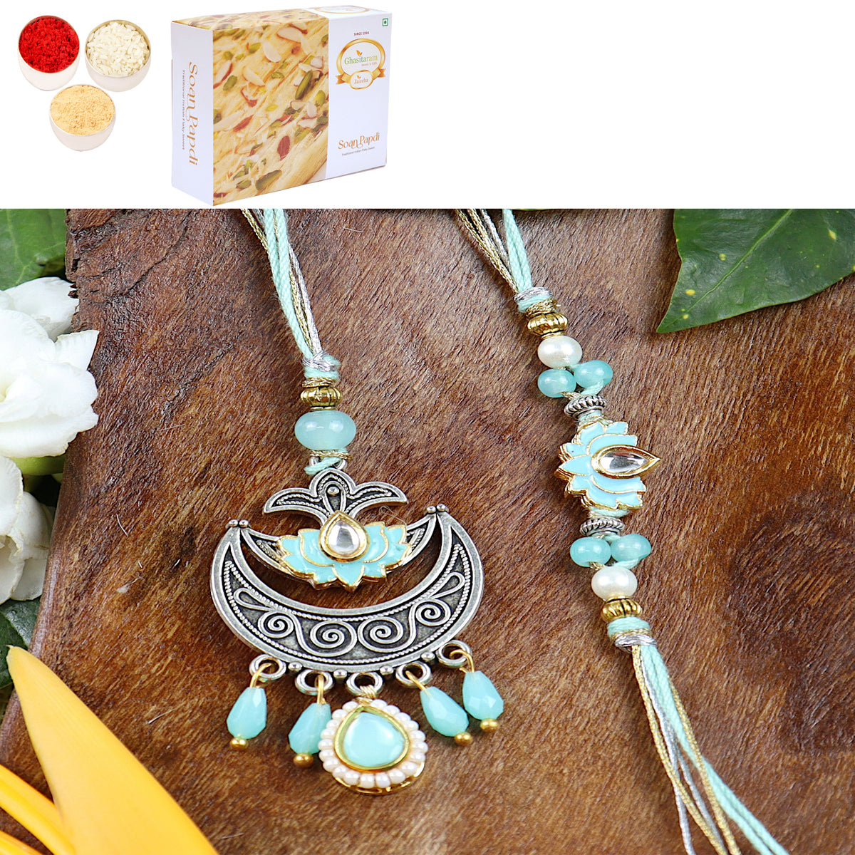 LS24-049- Metal and Kundan Bhaiya Bhabhi Rakhi with 400 gms of Soan Papdi