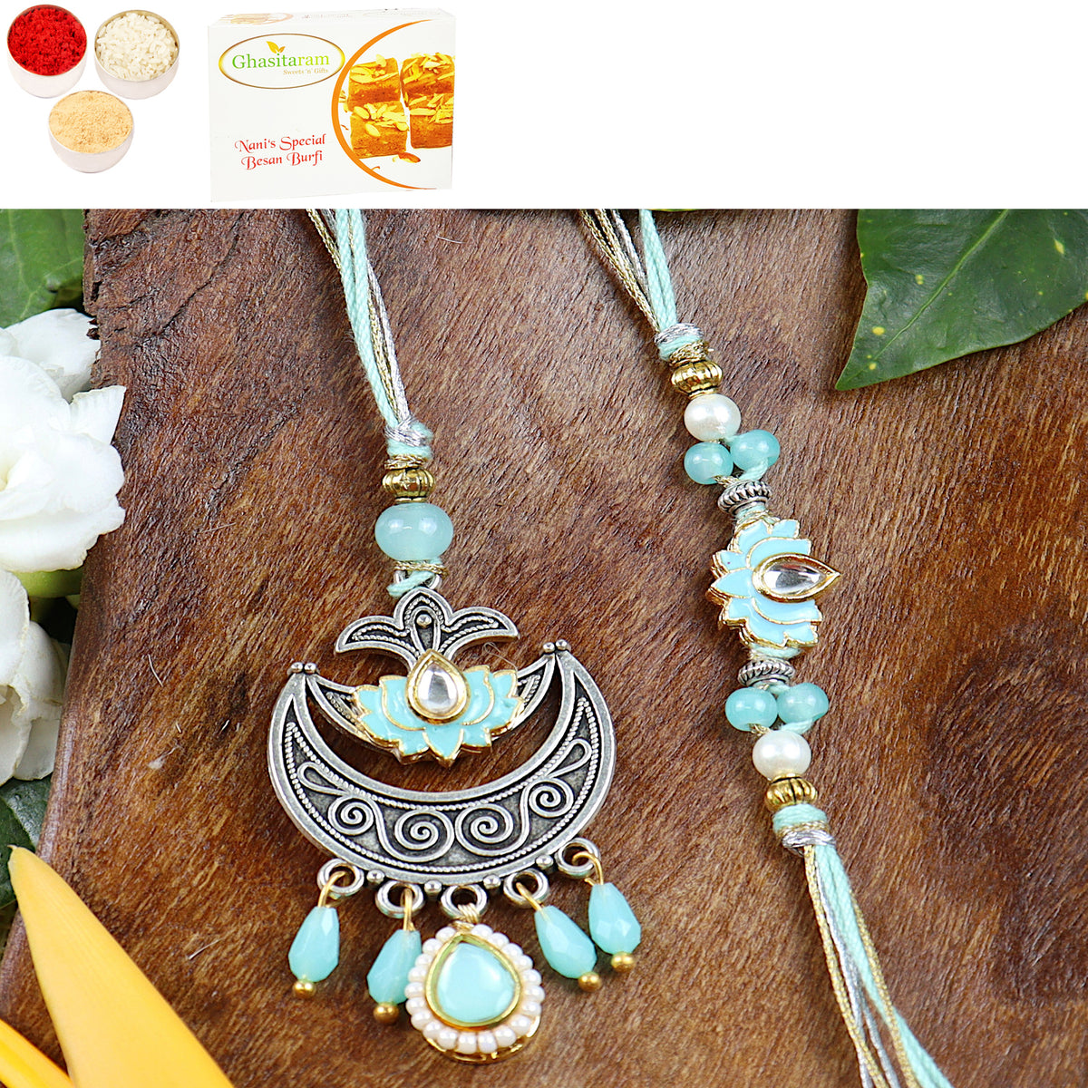 Rakhis Online Australia-LS24-049- Metal and Kundan Bhaiya Bhabhi Rakhi with 200 gms of Besan Barfi