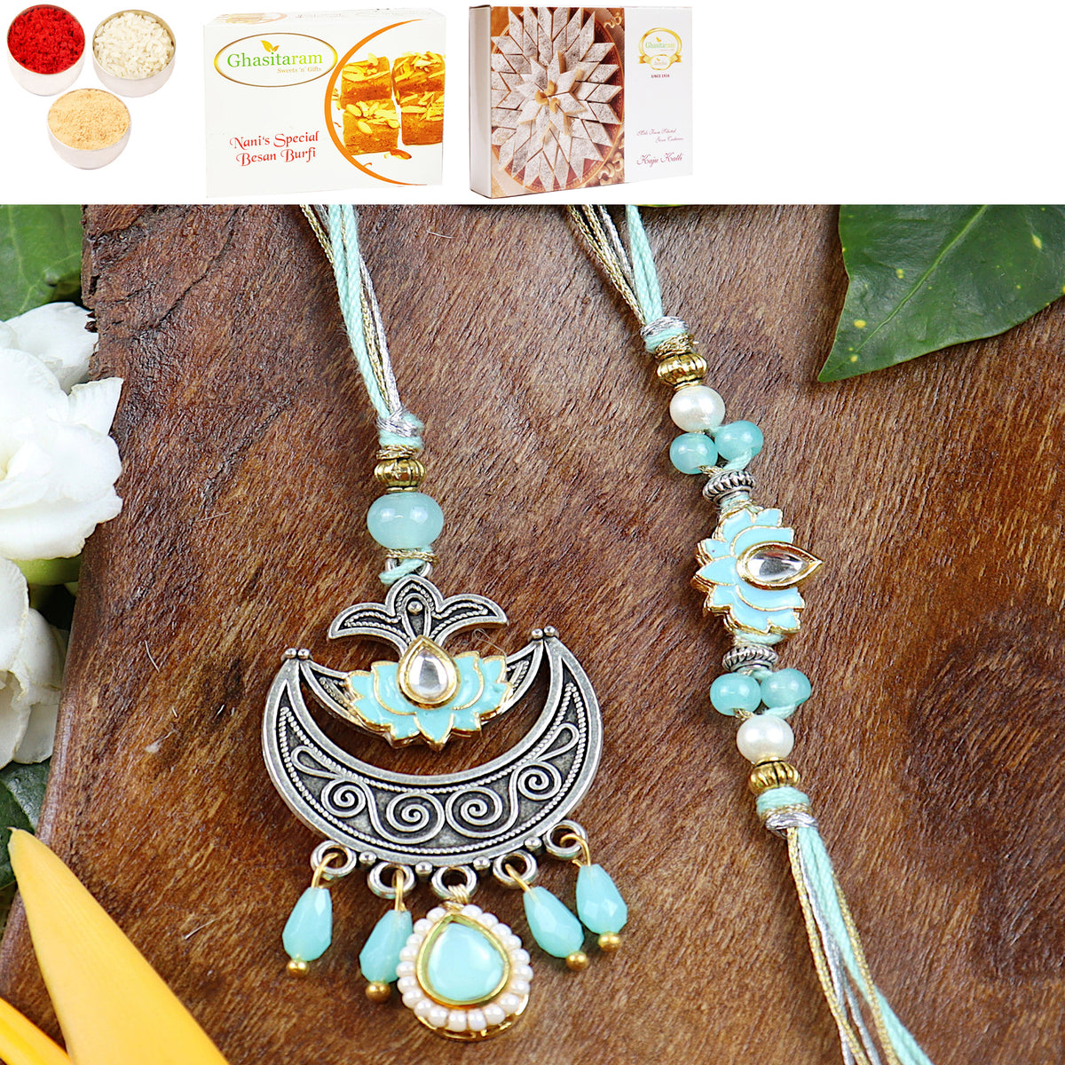 LS24-049- Metal and Kundan Bhaiya Bhabhi Rakhi with 200 gms of Besan Barfi and 200 gms of Kaju Katli