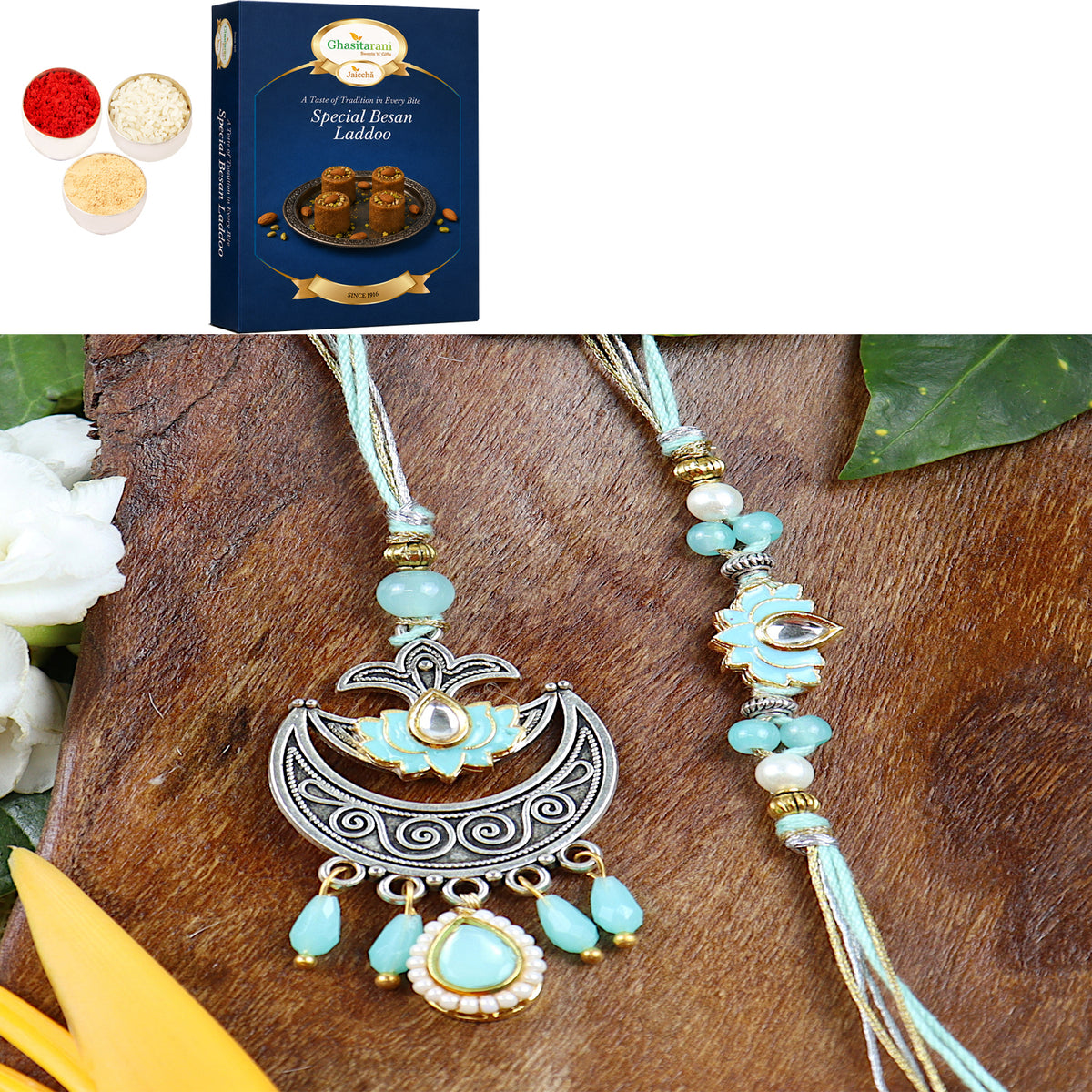 LS24-049- Metal and Kundan Bhaiya Bhabhi Rakhi with 200 gms of Besan Laddoo