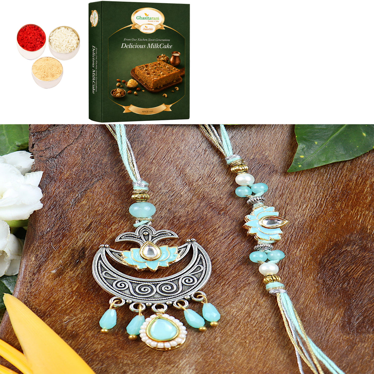 LS24-049- Metal and Kundan Bhaiya Bhabhi Rakhi with 200 gms of Milk Cake