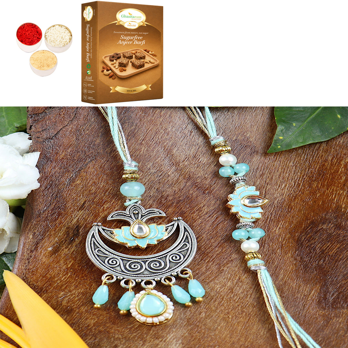 LS24-049- Metal and Kundan Bhaiya Bhabhi Rakhi with 200 gms of Sugarfree Anjeer Barfi