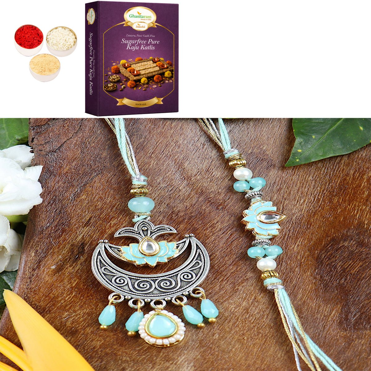 LS24-049- Metal and Kundan Bhaiya Bhabhi Rakhi with 200 gms of Sugarfree Kaju katli