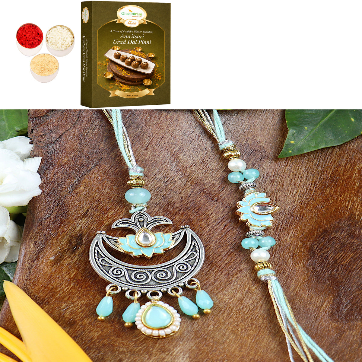 LS24-049- Metal and Kundan Bhaiya Bhabhi Rakhi with 200 gms of Pinni 