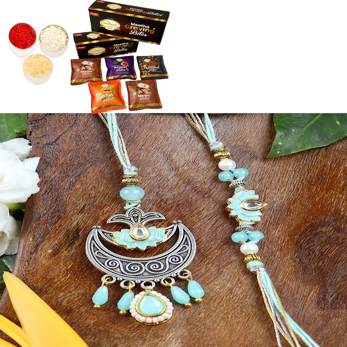 LS24-049- Metal and Kundan Bhaiya Bhabhi Rakhi with Asorted bites box