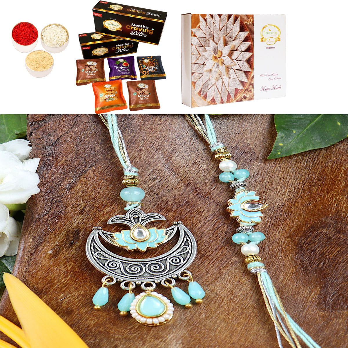 LS24-049- Metal and Kundan Bhaiya Bhabhi Rakhi with Asorted bites box and 200 gms of Kaju katli