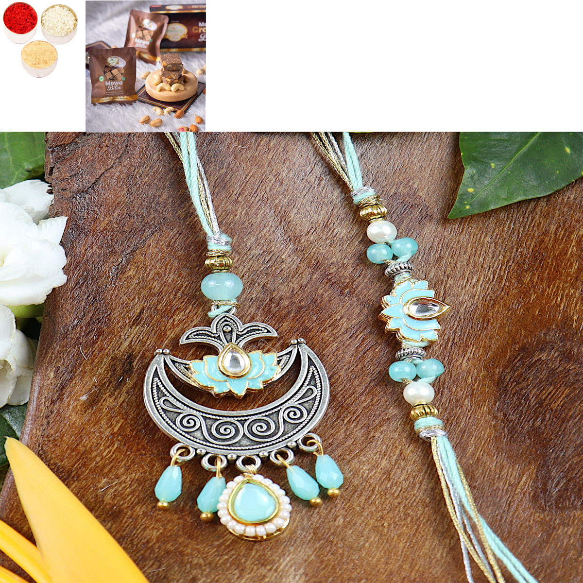 Rakhis Online Australia-LS24-049- Metal and Kundan Bhaiya Bhabhi Rakhi with Mewa Bite Box