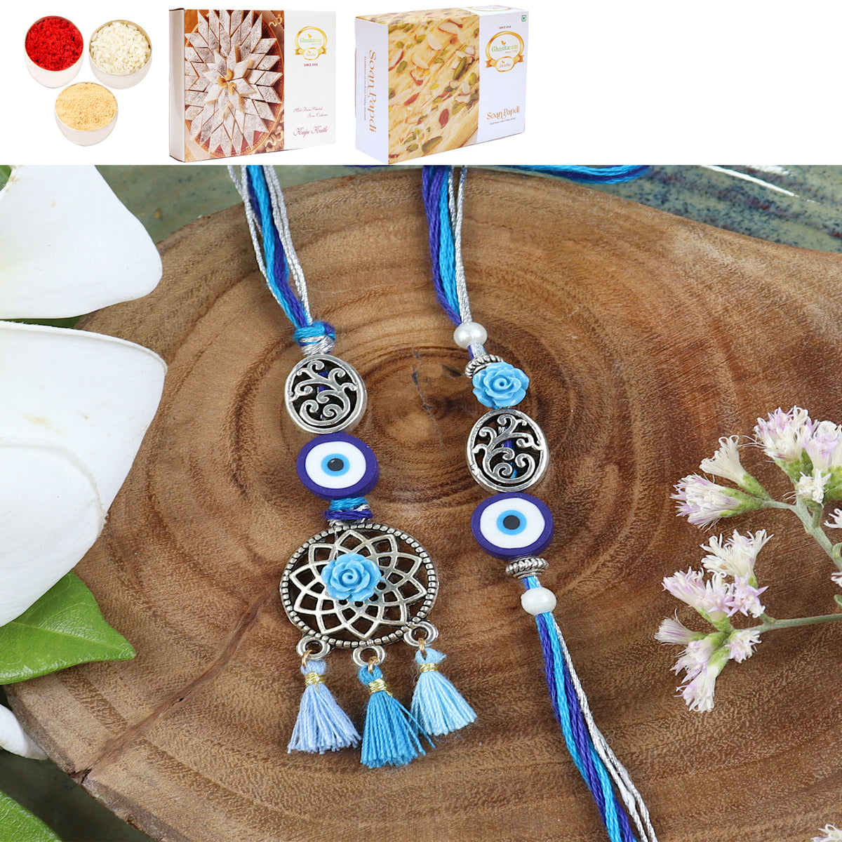 LS24-065-Oxidized Evil eye Bhaiya Bhabhi Rakhi with 200 gms of Kaju katli and 200 gms of Soan Papdi