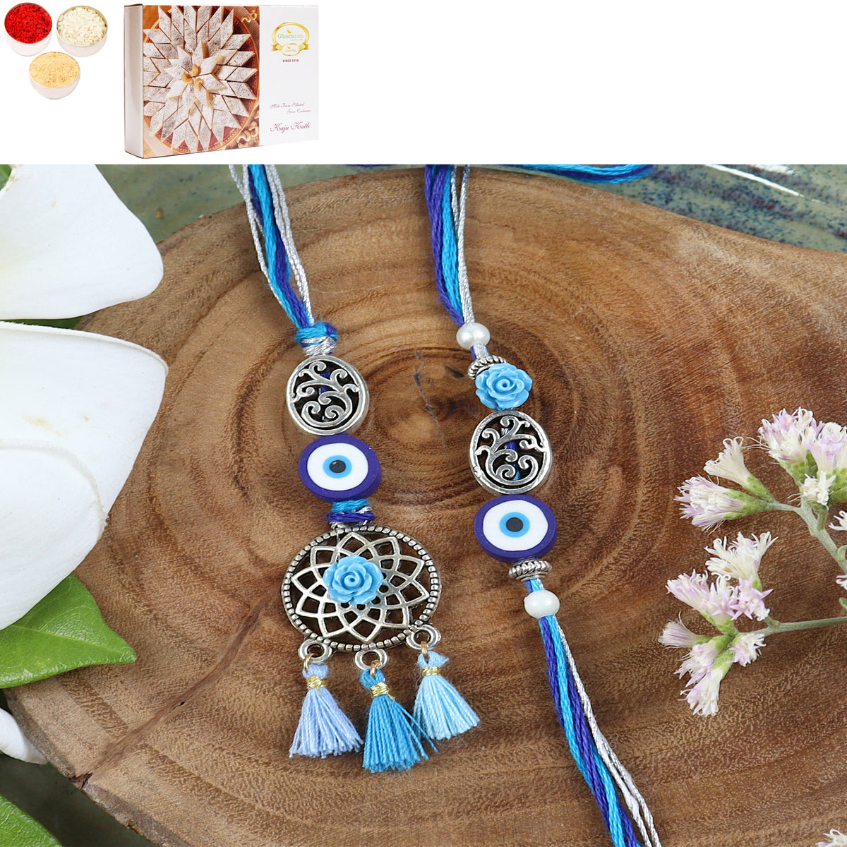 Rakhis Online Australia-LS24-065-Oxidized Evil eye Bhaiya Bhabhi Rakhi with 200 gms of Kaju katli